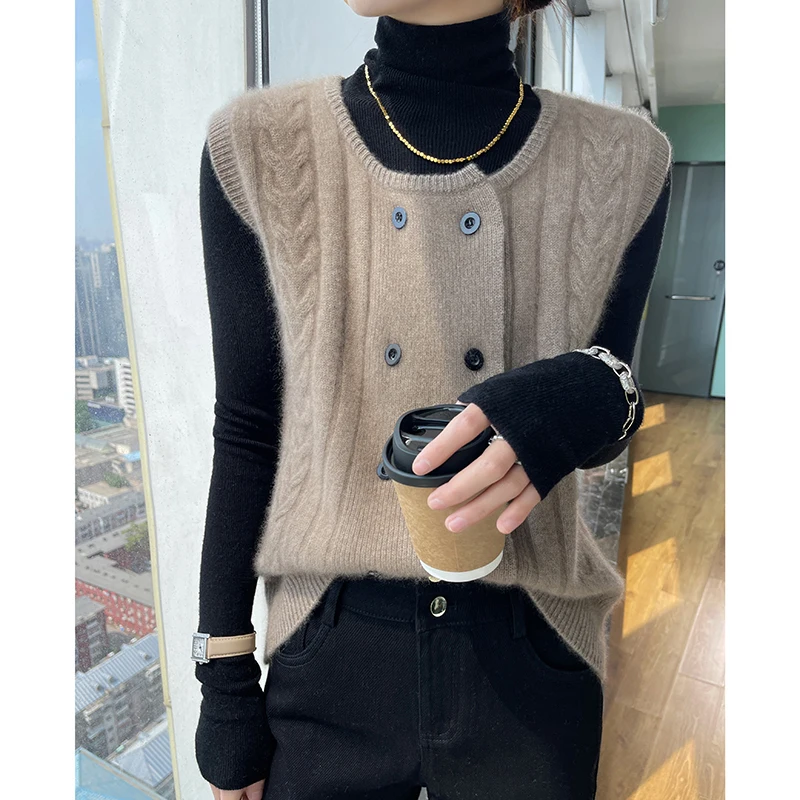 Sleeveless Round Neck Wool Cardigan Vest Women\'s Autumn And Winter solid Color Loose And Fashionable Button Knitted Sweater Top