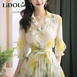 Summer Elegant Fashion Sweet Floral Printed Vestido Female Half Sleeve Casual Lace Up Robe Women Polo-neck Vintage Chiffon Dress