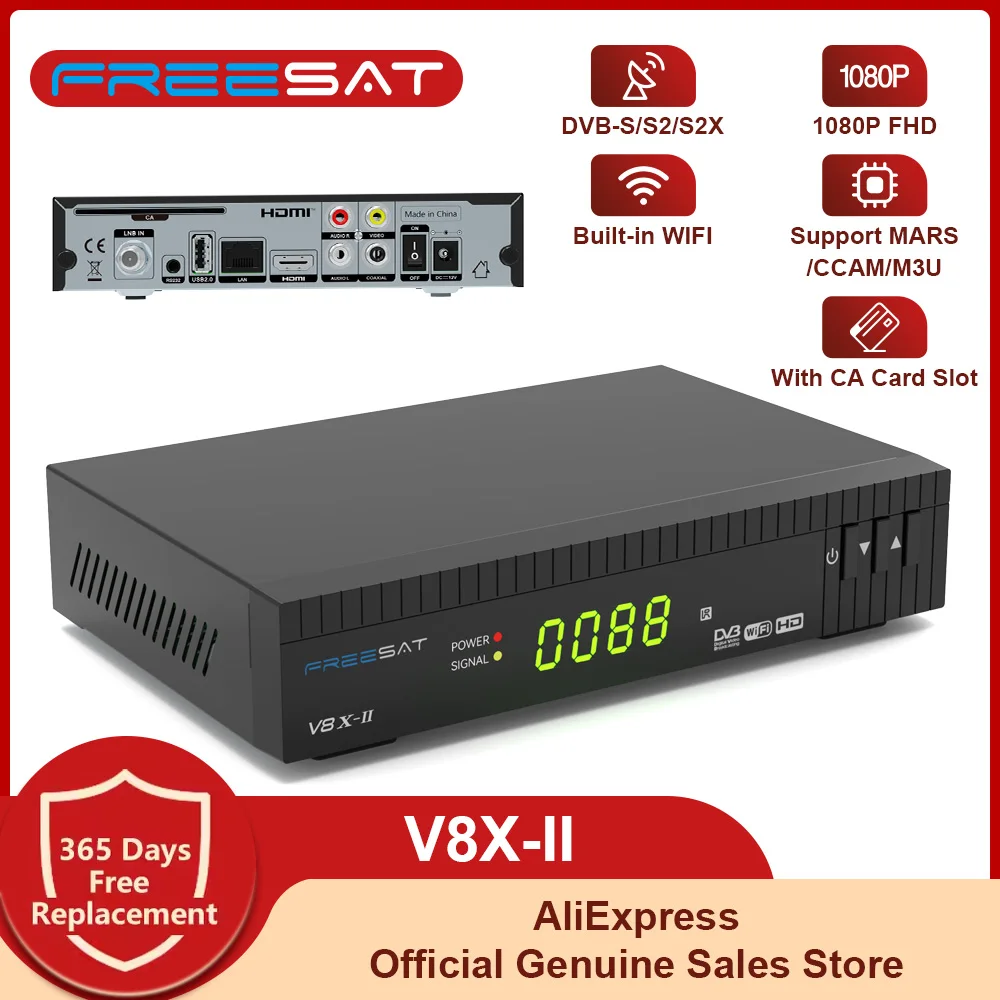 Receptor de TV por satélite FREESAT V8X 2 DVB-S/S2/S2X,H.265 WIFI incorporado,FUNCAM/MARS/CCAM/M3U 1080P Full HD TV Box con ranura para tarjeta CA