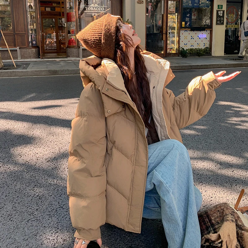 

Women Thicken Down Cotton Padded Loose Coat 2025 Autumn Winter Puffer Jacket Female Hooded Solid Long Sleeve Short Parkas