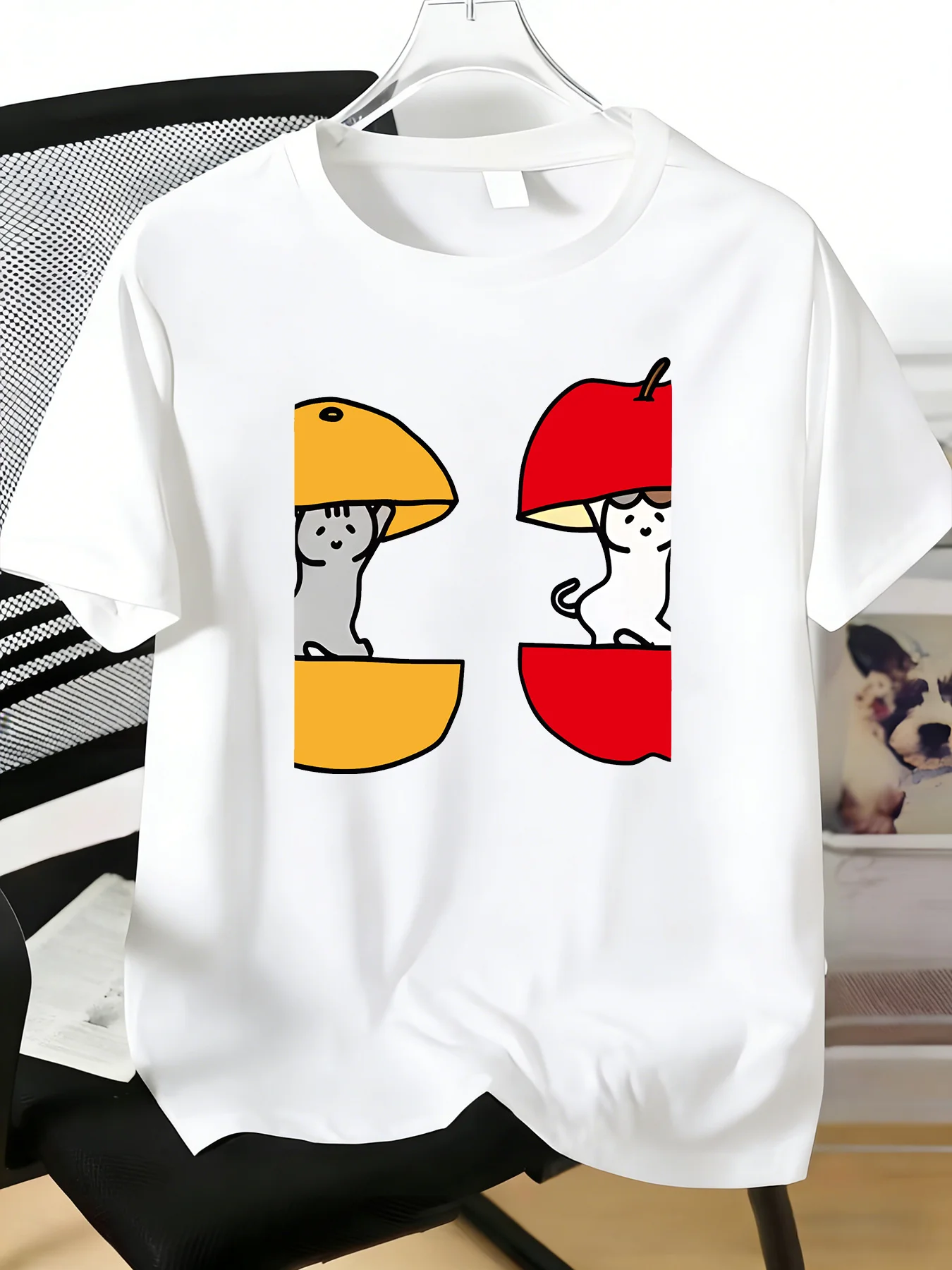 Men Black Crew Neck Tee Cute Cartoon Cats Hiding In Lemon And Apple Graphic Soft Short Sleeve Pet Lover Street Daily Casual Tops
