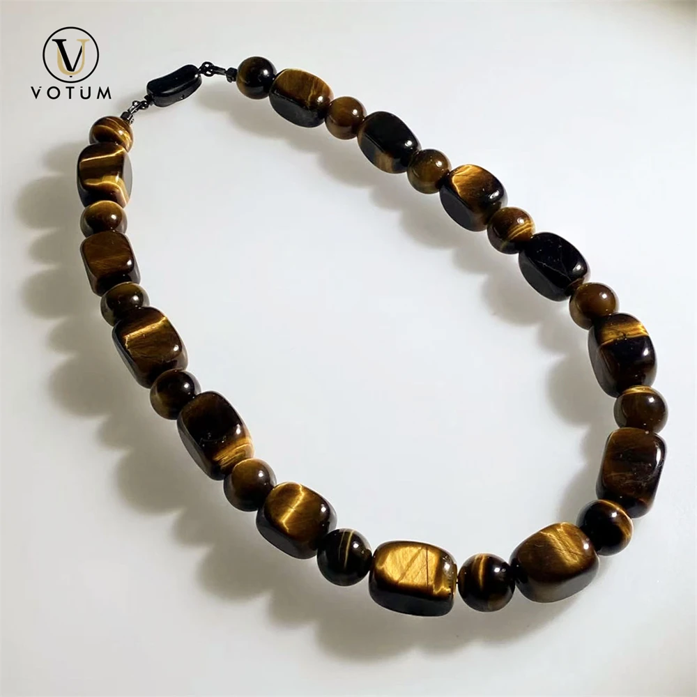 Votum Natural Yellow Tiger Eey Beaded Choker Necklace for Unisex Men Gift Chakra Crystal Healing Protection Necklaces Jewelry