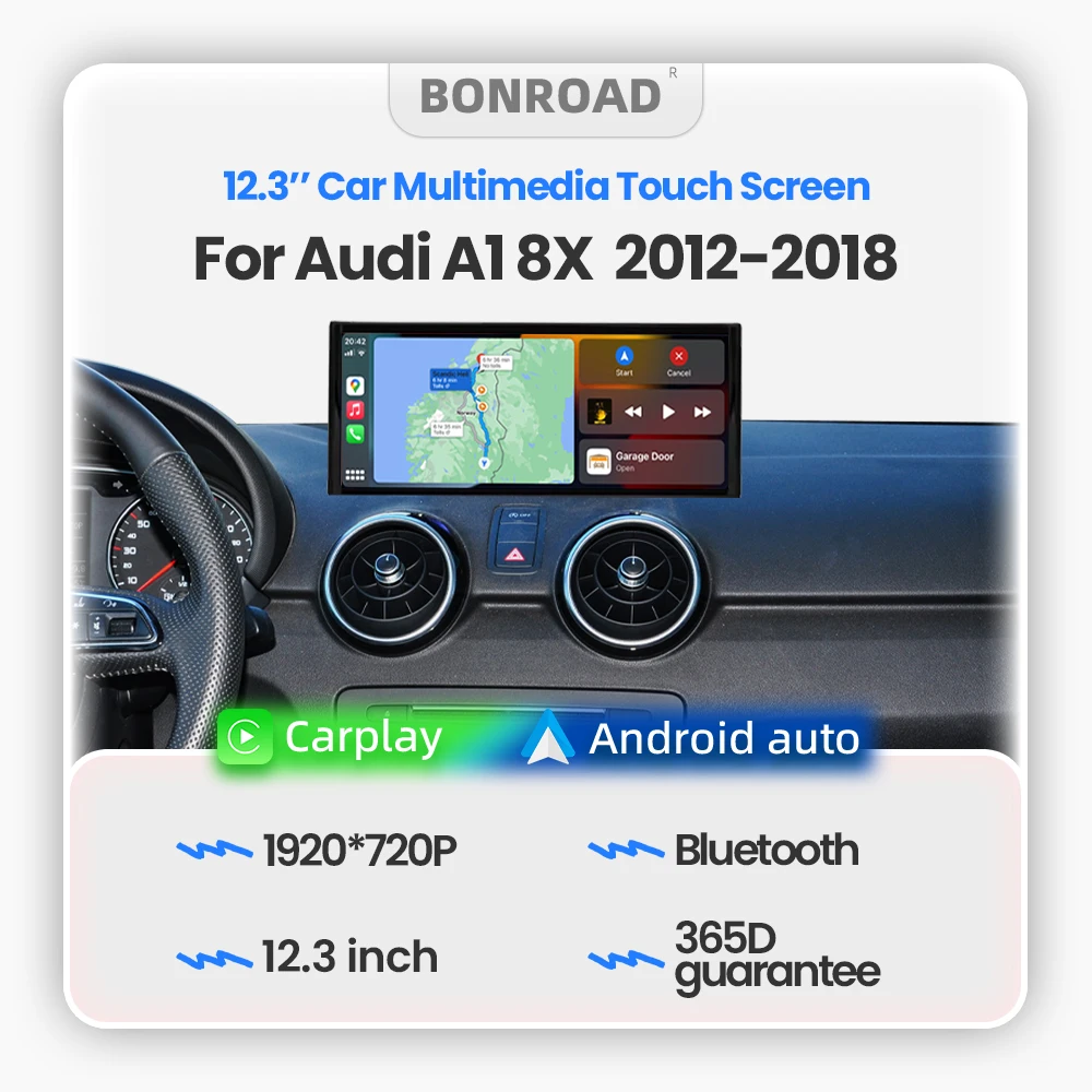 BONROAD 12.3" 1920*720P Autoradio sans fil CarPlay, lecteur multimédia, écran tactile, Android Auto pour Audi A1 8X 2012-2018 avec AirPlay Auto Link Bluetooth 5.0, navigation GPS