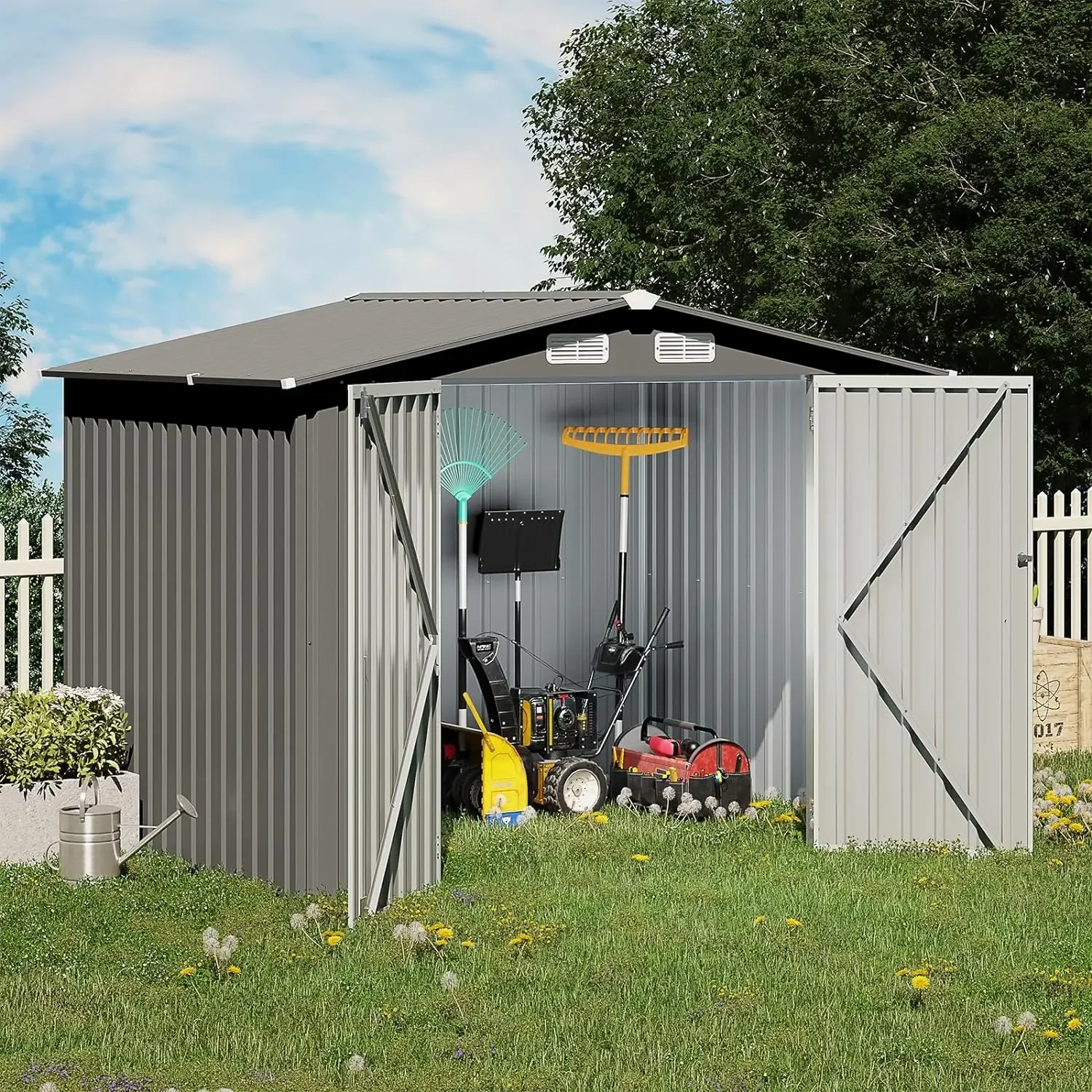 

8 x 6 FT Outdoor Storage Shed, Metal Garden Tool Shed, Outside Sheds & Outdoor Storage Galvanized Steel w/Lockable Door, Grey