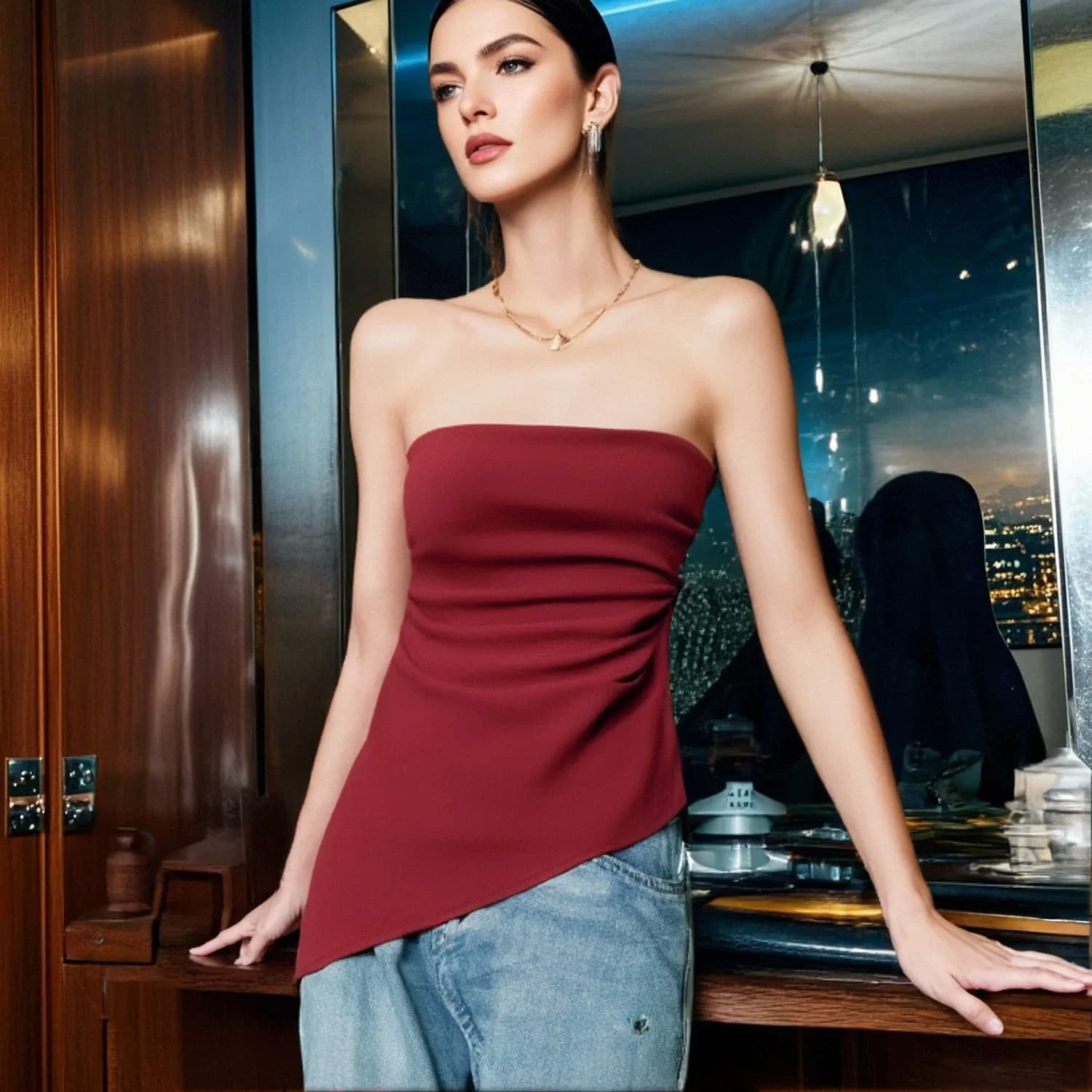 

Taop&Za women's clothing 2025 spring new item pleated strapless irregular hem top fashionable and sexy T-shirt inside
