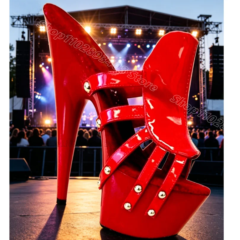 

Red Rivet Slip on Platform Slippers Open Toe Performance Stiletto Women New Stylish Dancing Casual Slippers Zapatos Para Mujere
