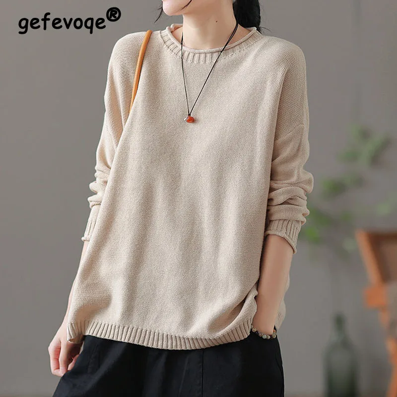 

Solid O-Neck Leisure Retro Literary Style Women Collar Binding Design Knitting Multiple Colors Autumn Winter Loose Plain Colour