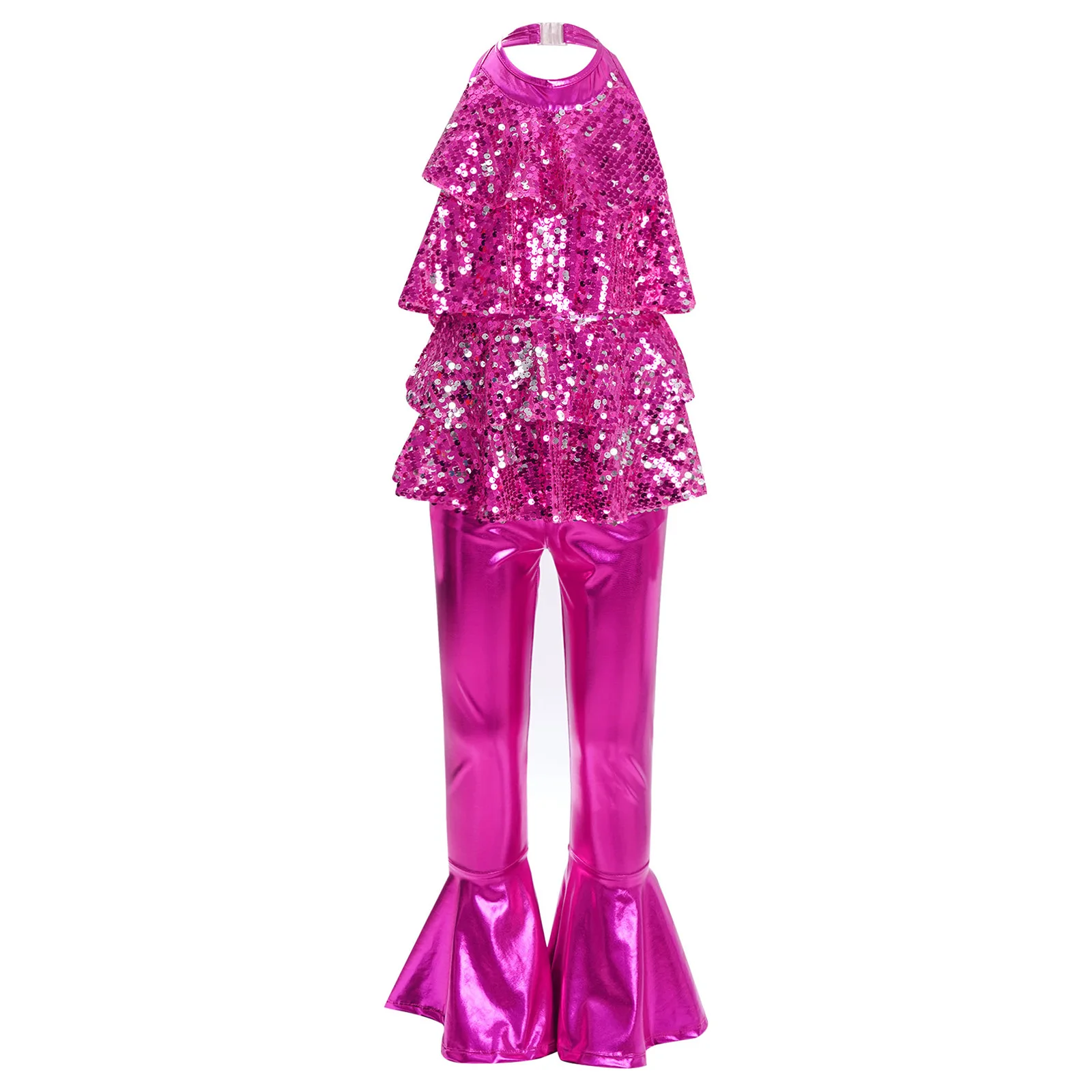 Set di abiti da ballo di strada metallizzati per bambini con paillettes lucide Abiti da jazz Body per costumi di scena per ragazze con pantaloni a zampa d'elefante Performance