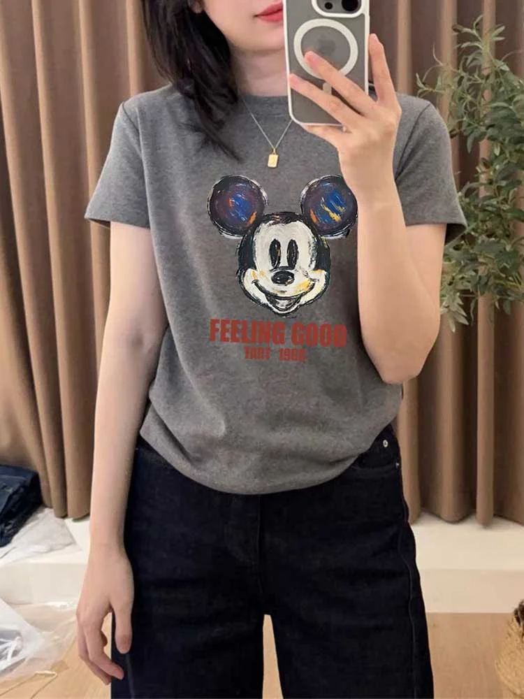 The 2025 New Shoulder-length Pure Cotton Printed Short-sleeved T-shirt for Women's Wear in Korean Style Is Fashionable, Loose
