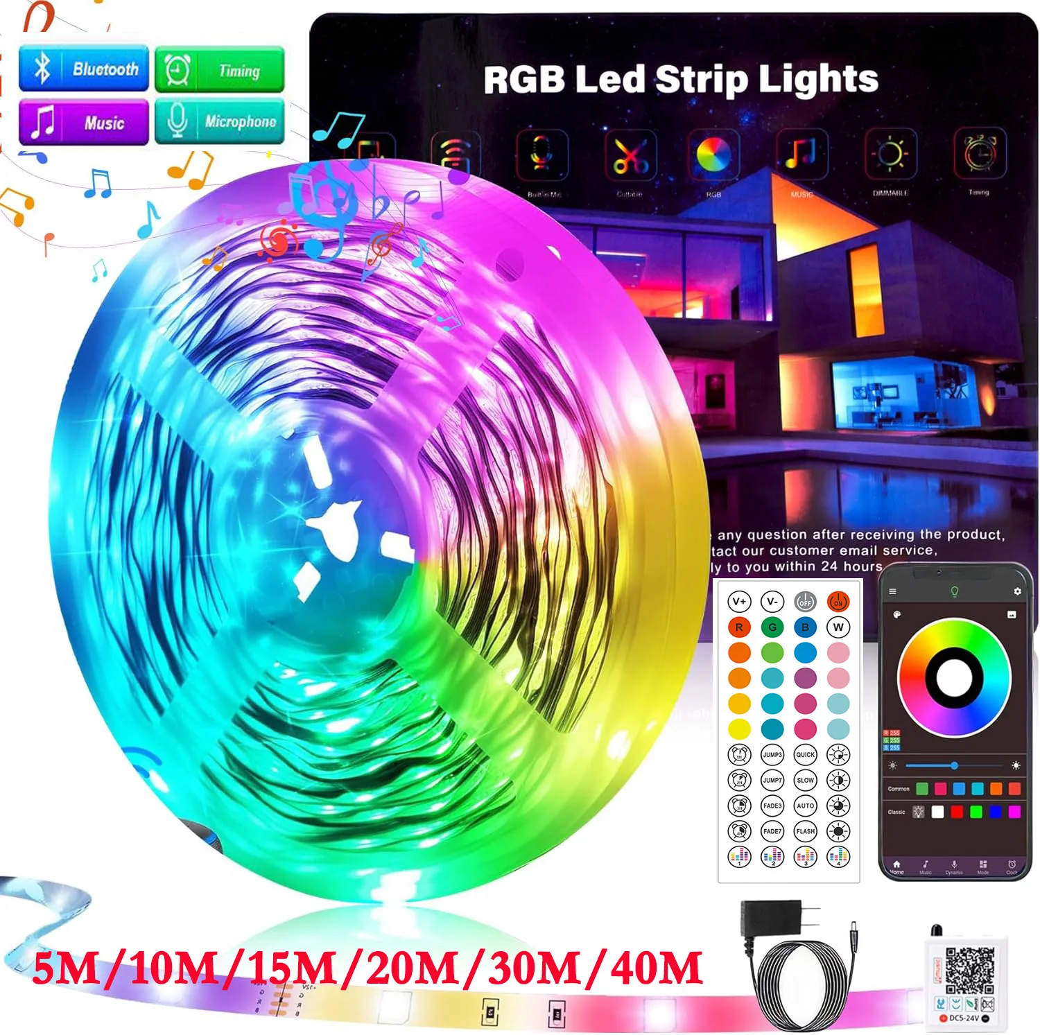 

DC24V Led Lights for Room Music Sync RGB Led Strip Lights 10m 20m 30m 40M Flexible Ribbon for Room Bedroom Decor TV Backlights
