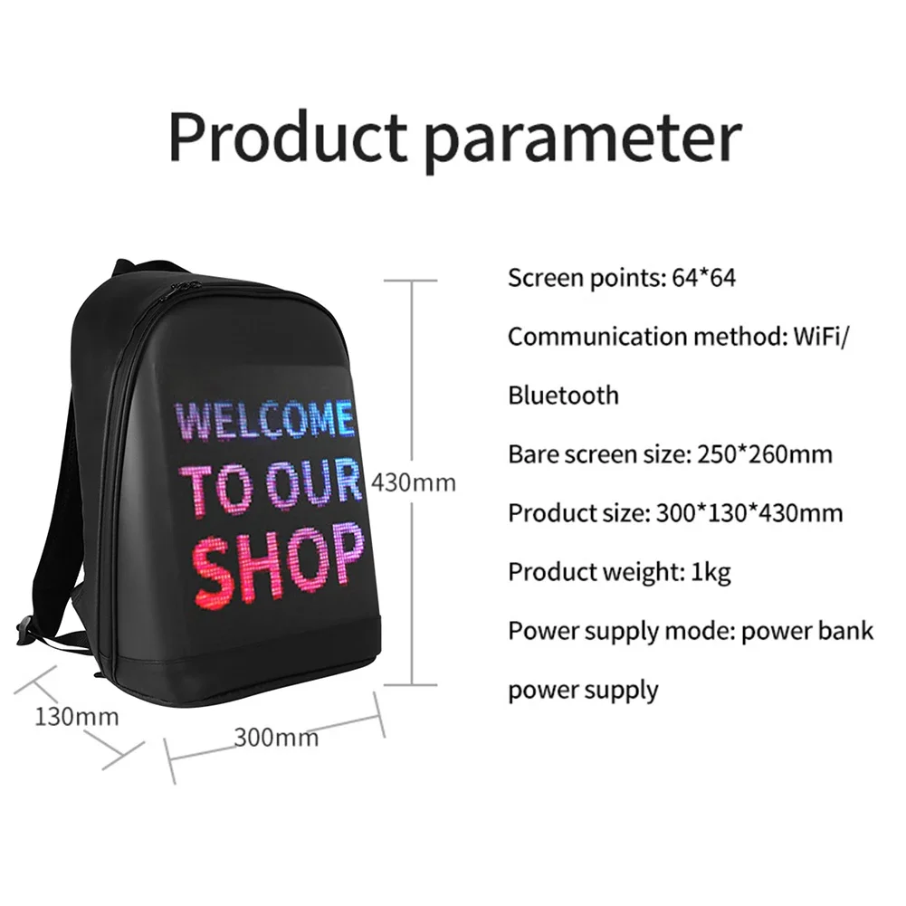 Women Men LED Display Screen Dynamic Waterproof Backpack Laptop Bag School Bag Women Print Bag Travel Laptop Bag