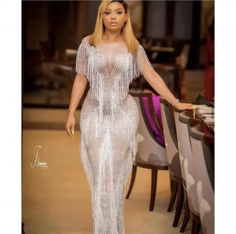 

Stage Female Singer Stretch Dress White Tassels Rhinestones Long Dress Women's Birthday Celebrate Dress Evening Party Wear