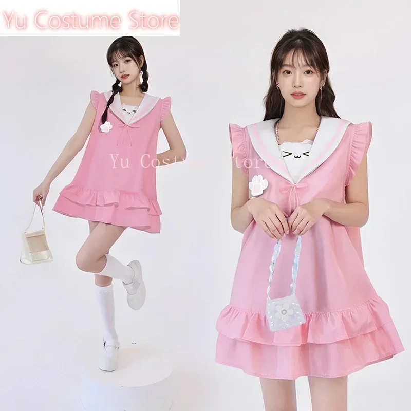 

Japanese Y2k women clothing stitchCute Cat Ears Sleeveless Ruffled Tank Dress Girl PinkKawaii Dresses Sweet Vest Yu Costume Dres