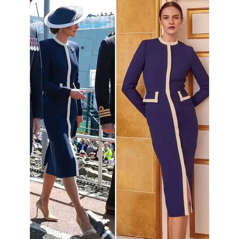 1 2026 Fall New French Style Slim Fit Kate Middleton Same Collar Contrast Color Patchwork Dress Elegant Lady Midi Dress view 3