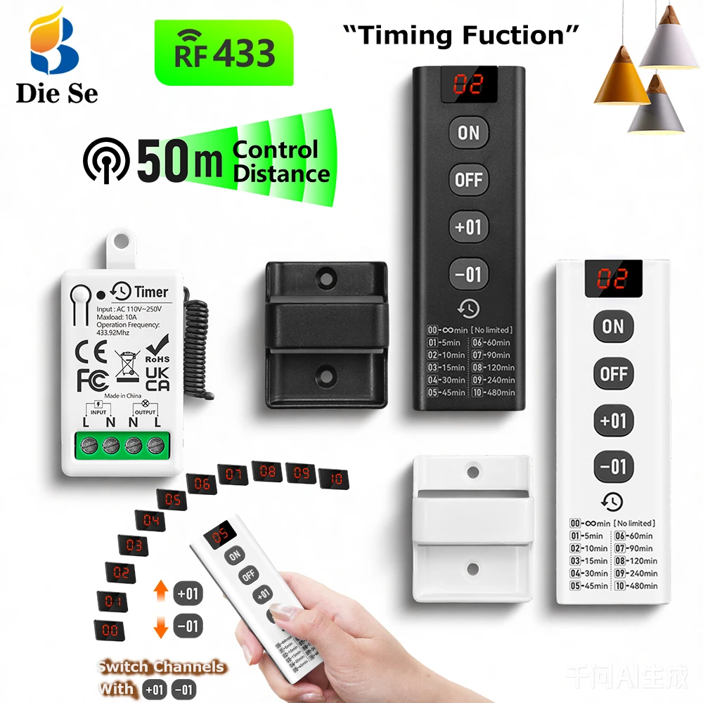 

433MHz Wireless Remote Control Light Switch 110V 220V RF Timer Relay Receiver Transmit 50m with 10 timers settings for LED Lamp