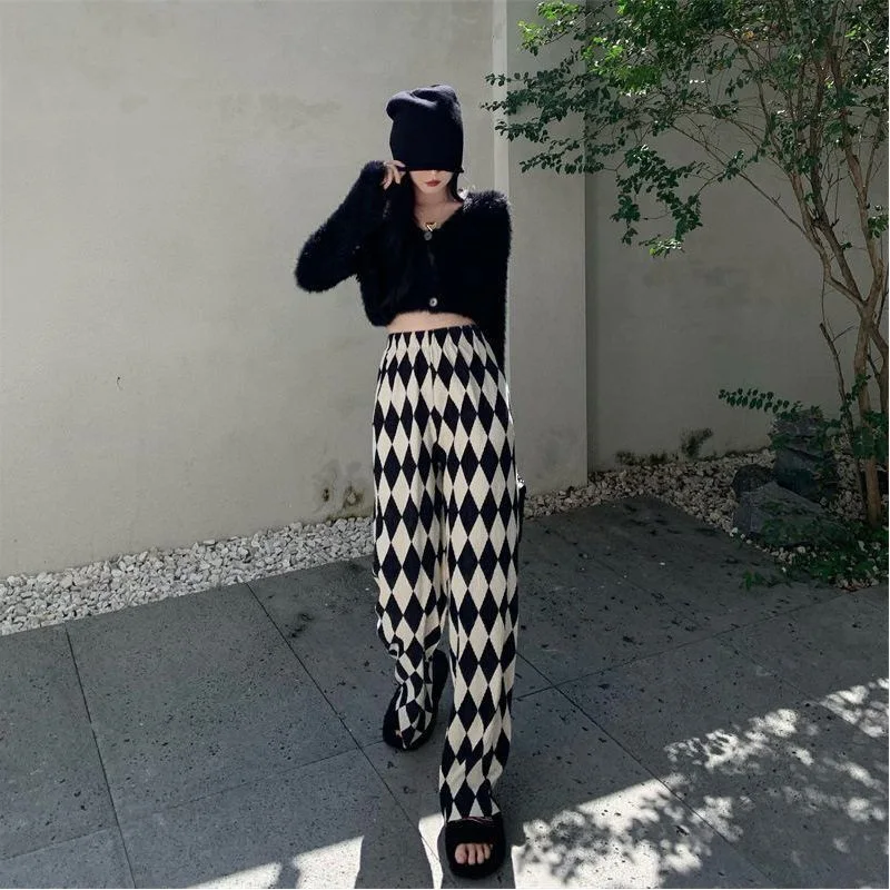 2023 New Spring and Summer Minimalist Black and White Diamond Checkered High Waist Casual Loose Fashion Pleated Floor Mop Pants