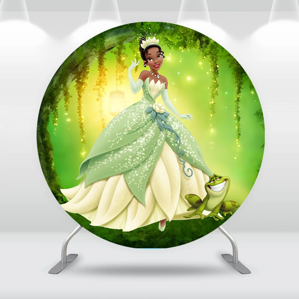 Princess Tiana Birthday Decoration for Girls Round Circle Backdrop Cover Green Forest Frog Cake Table Cylinder Covers Background