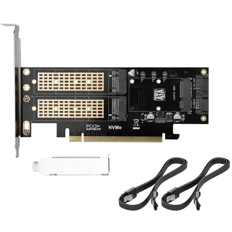 TTKK kartu adaptor SSD 3 dalam 1, NVME ke Pcie 16X/M.2 SATA SSD ke SATA III ke konverter SATA + 2 kabel SATA