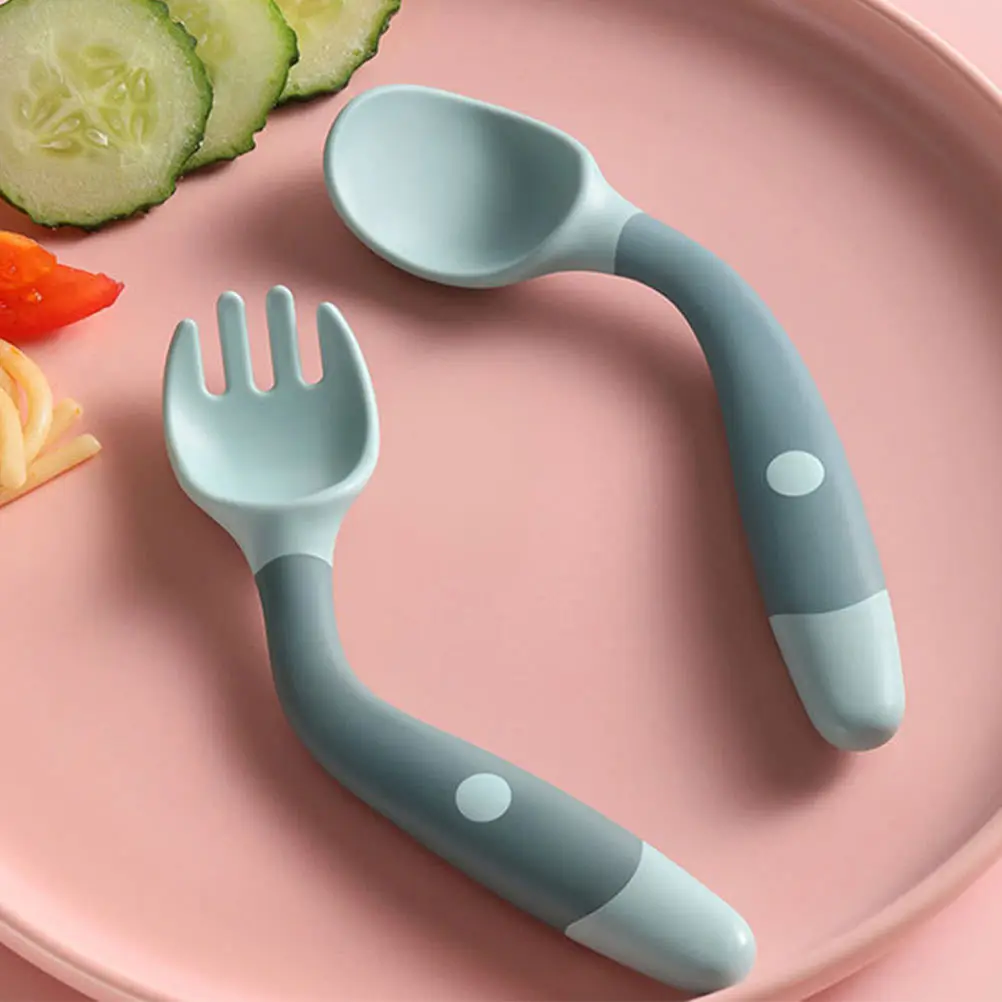 

2Sets Flexible Spoon Fork Set for Baby Eating Training Nonskid Handle Safe Odorless PP Material Baby Spoon Fork Kit