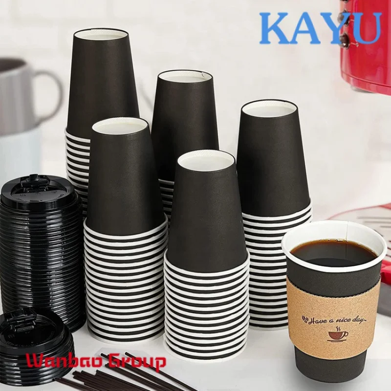 Custom  Customization Logo 8 12 14 Oz Biodegradable Black Takeaway Juice Cake Coffee Packaging Double Layer Paper Cups With Lid