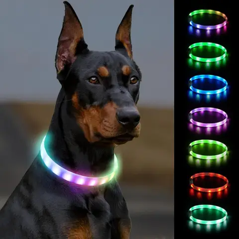 Light Up Dog Collar Rainproof and Rechargeable LED 9 Flashing Modes Glow for Night Walking Cuttable Soft Silicone Collar for La