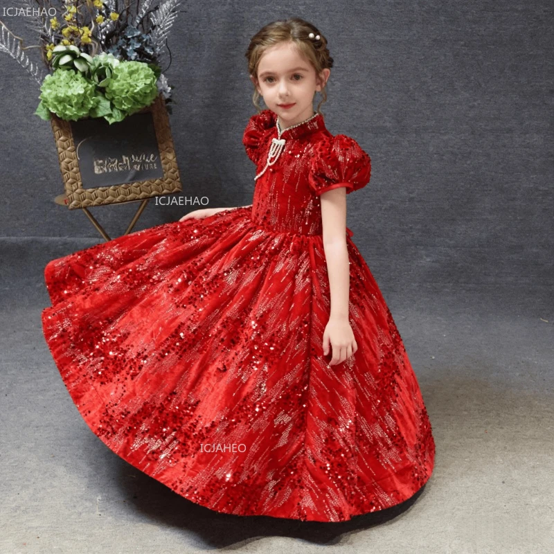Red Chinese Style Bubble Sleeves Stand Collar Long Princess Dress Evening Formal Gown Kids Clothing Performance Gown Birthday