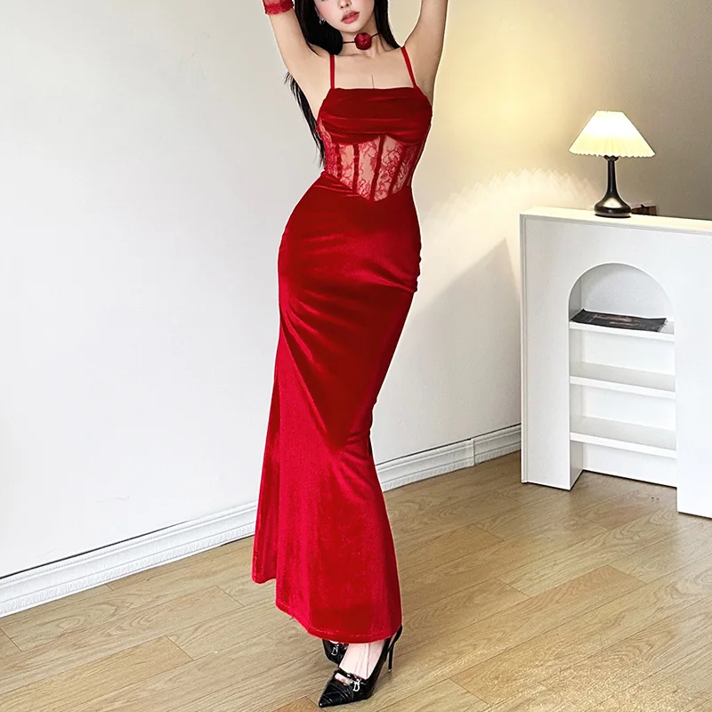 Velluto rosso sexy pizzo splicing abbraccio fianchi bretelle dimagranti gonna elegante puro desiderio abito da sera estivo lungo da ballo aperto