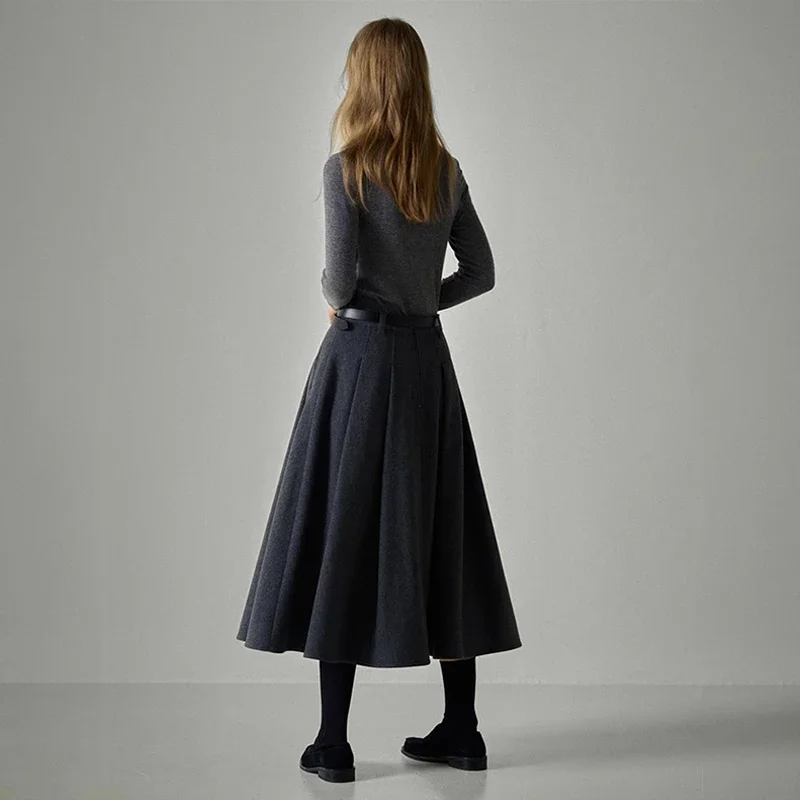 Women\'s Wool Commuter Half-body Skirt Women Th*r0w 23 Autumn and Winter New Niche Slim Medium-length A-line Skirts Pleated Skirt