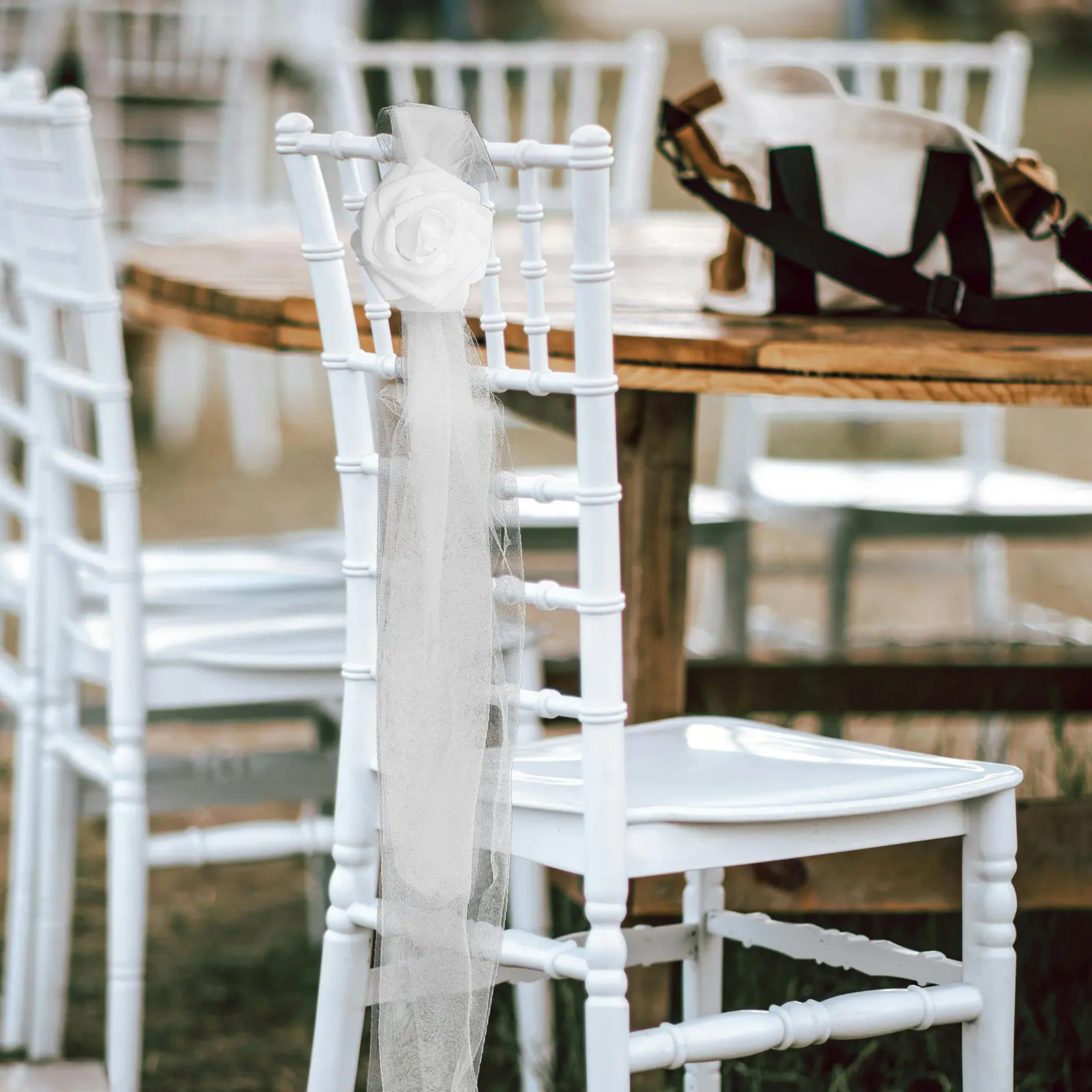 Artificial Floral Chair Sashes White Flower Tulle Tie for Wedding Church Ceremony Banquet Party Decoration Decorative Chair Bows view 3