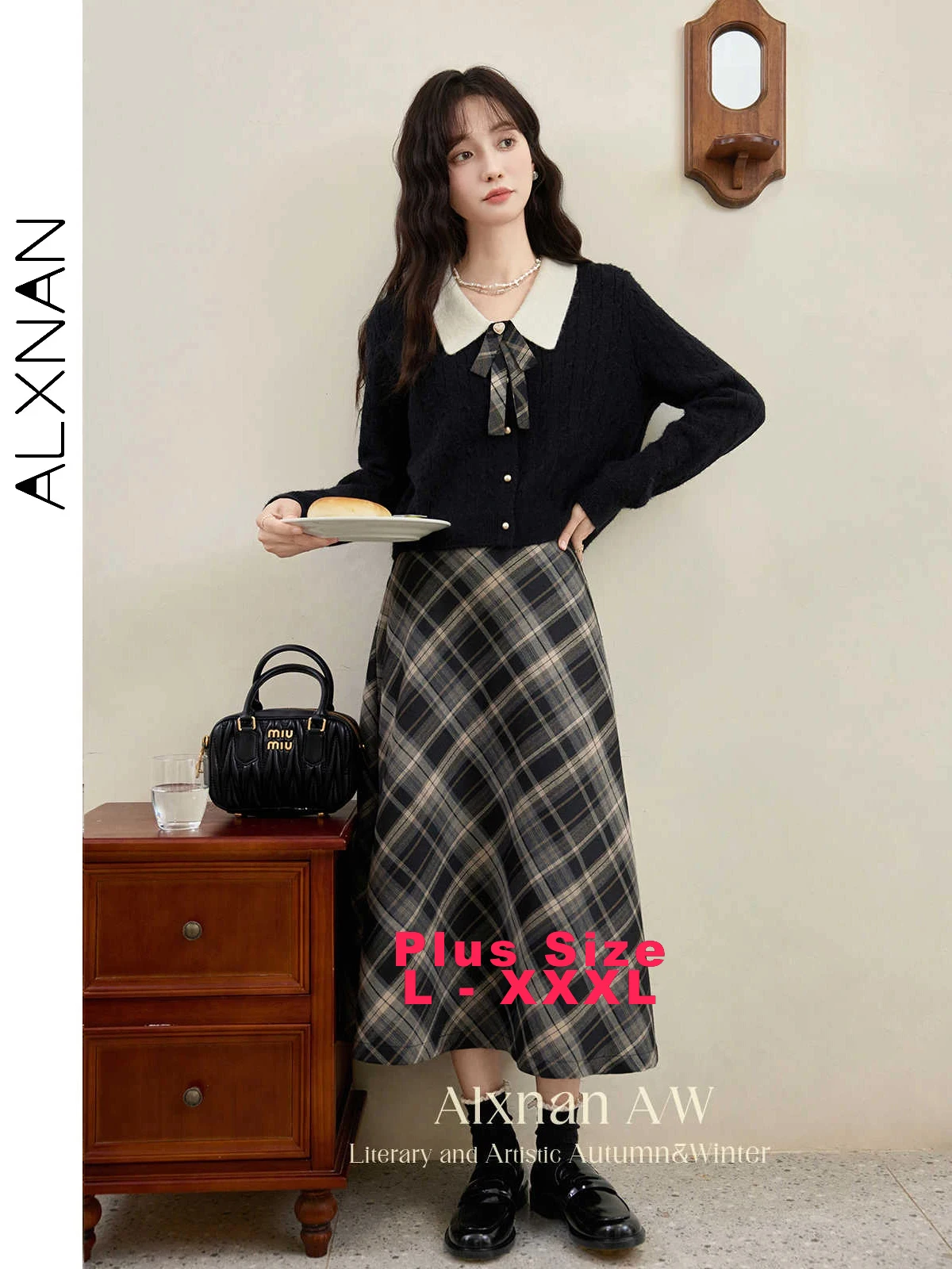 

ALXNAN Plus Size Plaid Skirts Long A-line Elastic High Waist Straight Vintage Women's Skirts 2026 Female Clothing D072016BSQ