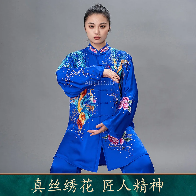 Premium Silk Double Phoenix Embroidery Tai Chi Costume - High-End Wushu Competition & Performance Uniform Set for Groups