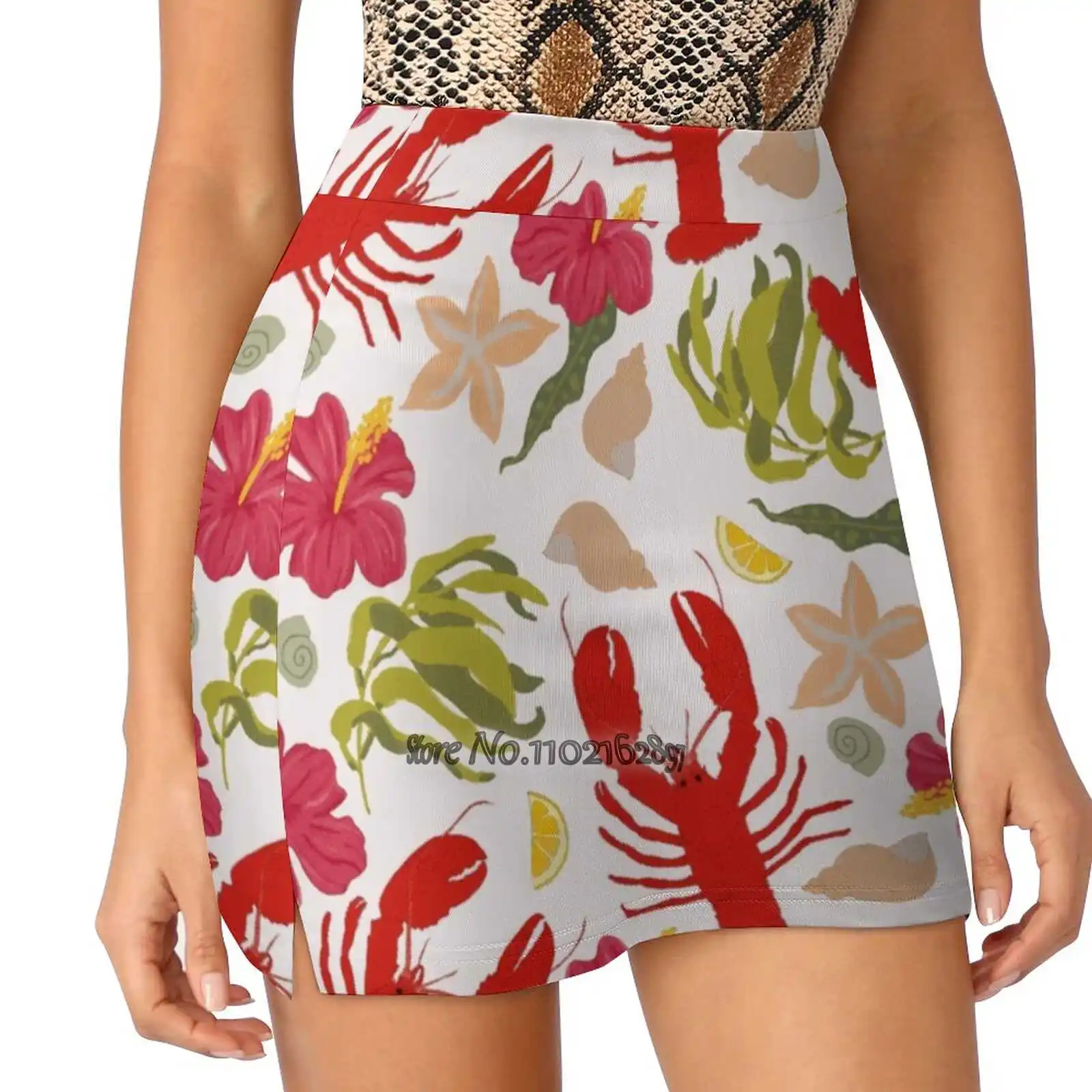 Red Lobster Women Tennis Skirts Golf Badminton Pantskirt Sports Phone Pocket Skort Red Yellow Green Pink Lobster Seaweed Lemon