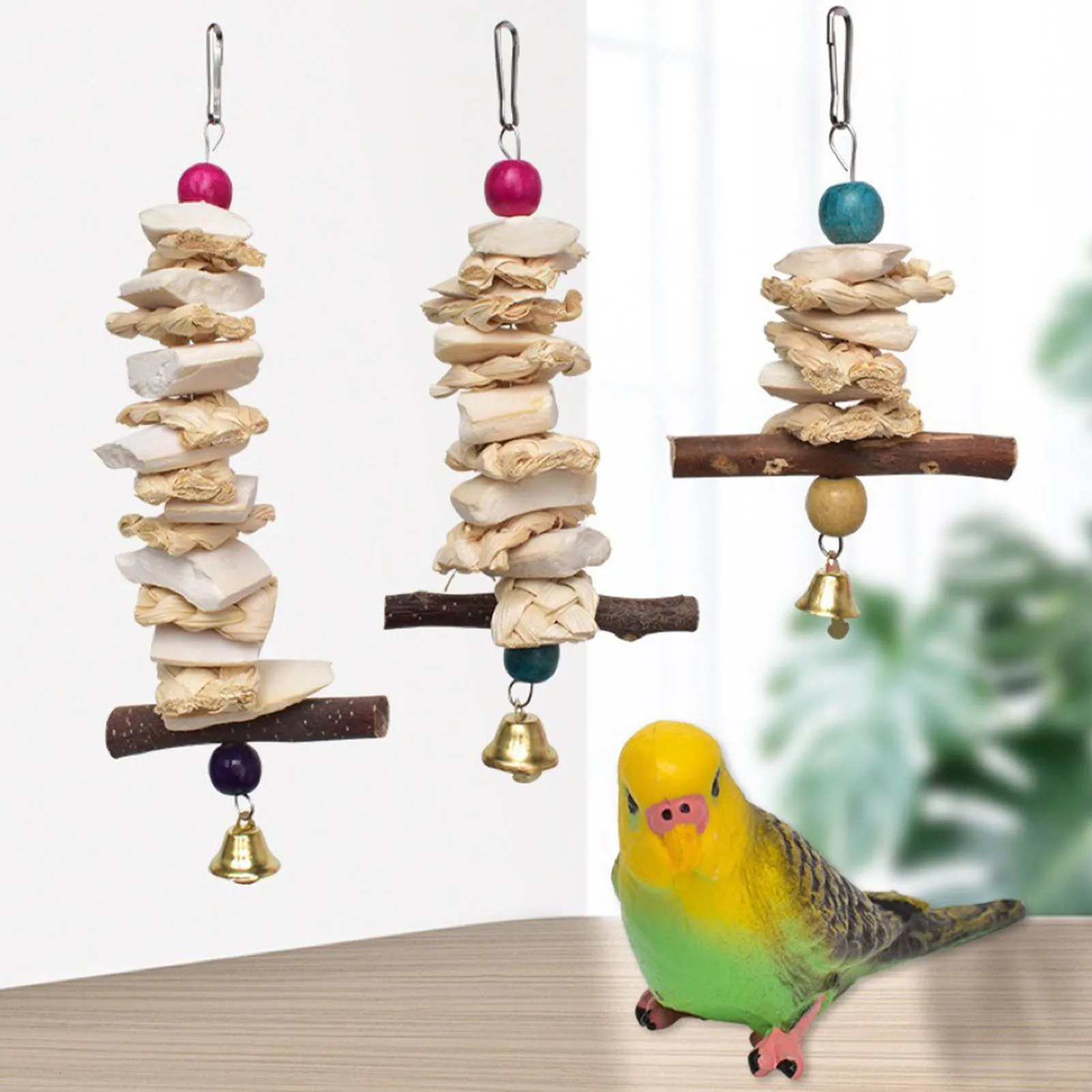 Hang Style Bird Shredder Toys With Hollow Loofah Wooden Beads Parrot Chewing Bite Cage Pet Supplies For Small Animals