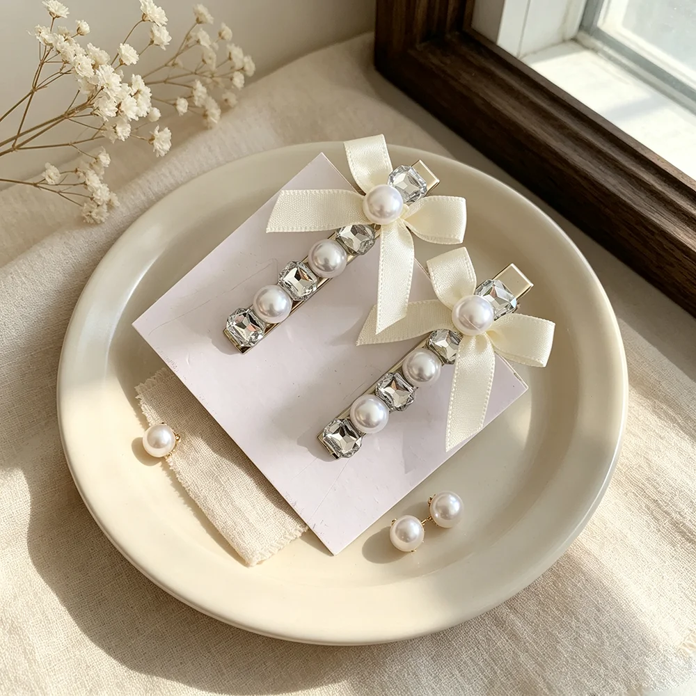 2pcs/set Satin Bow Pearl Crystal Hair Clips Elegant Barrettes for Women Bridal Wedding Party Daily Hairstyle Decor Girly Hair