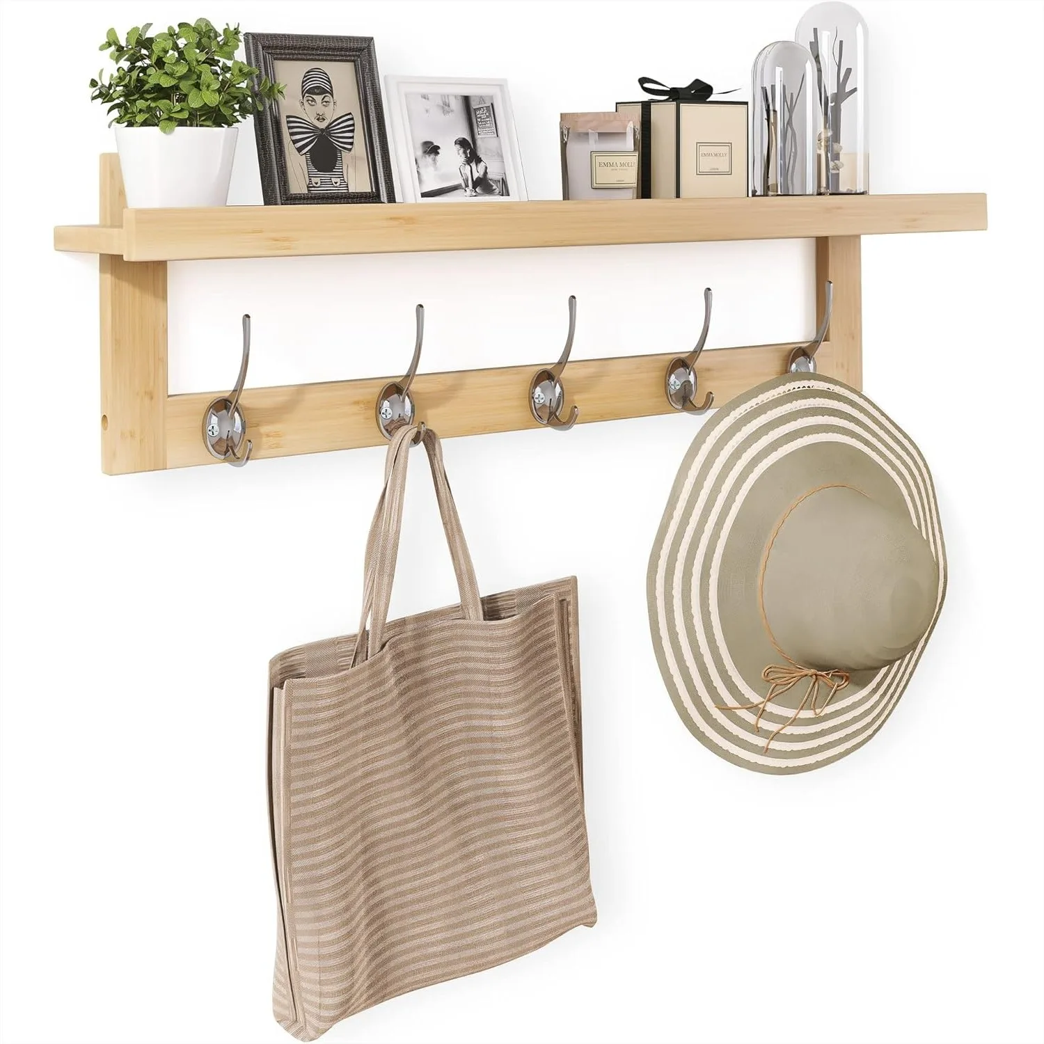 

Bamboo Coat Hooks With Shelf Wall Mounted 29.2 Inch Entryway Coat Rack With 5 Double Metal Hooks For Bathroom Bedroom Kitchen Living Room Mudroom Natural
