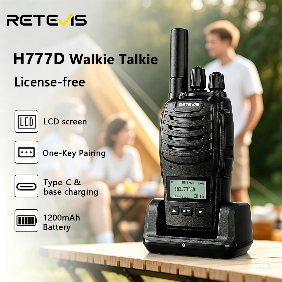 Retevis H777D (H777 Actualizado) Walkie Talkie PMR/FRS Portátil Sin Licencia, Pantalla LCD, Radio Bidireccional de Largo Alcance, Tipo-C para Camping