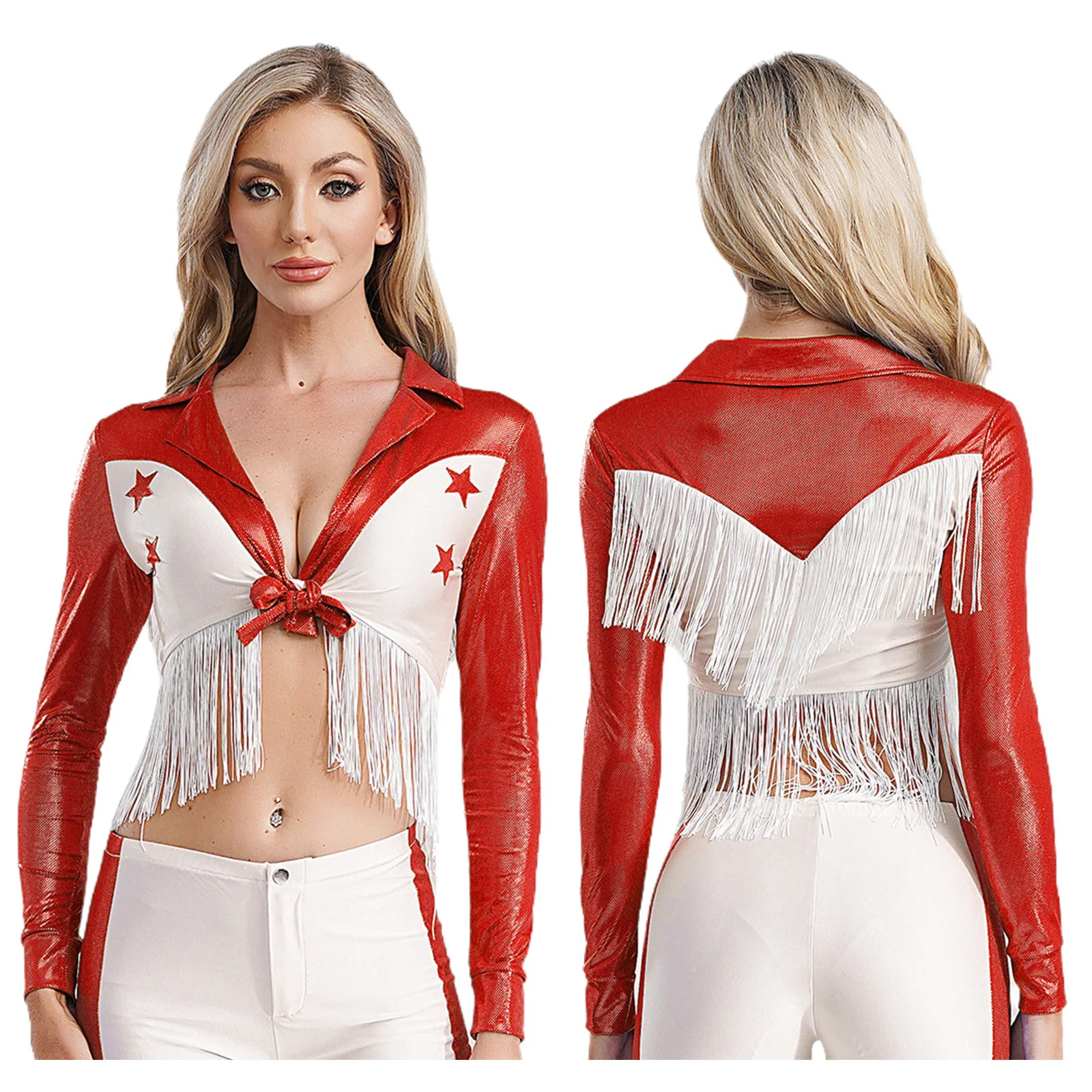 

Women Fashion Front Tied-up Crop Tops Vintage Fringe Shirts Western Cowgirl Disco Party Club Hippie Dance Performance Costumes