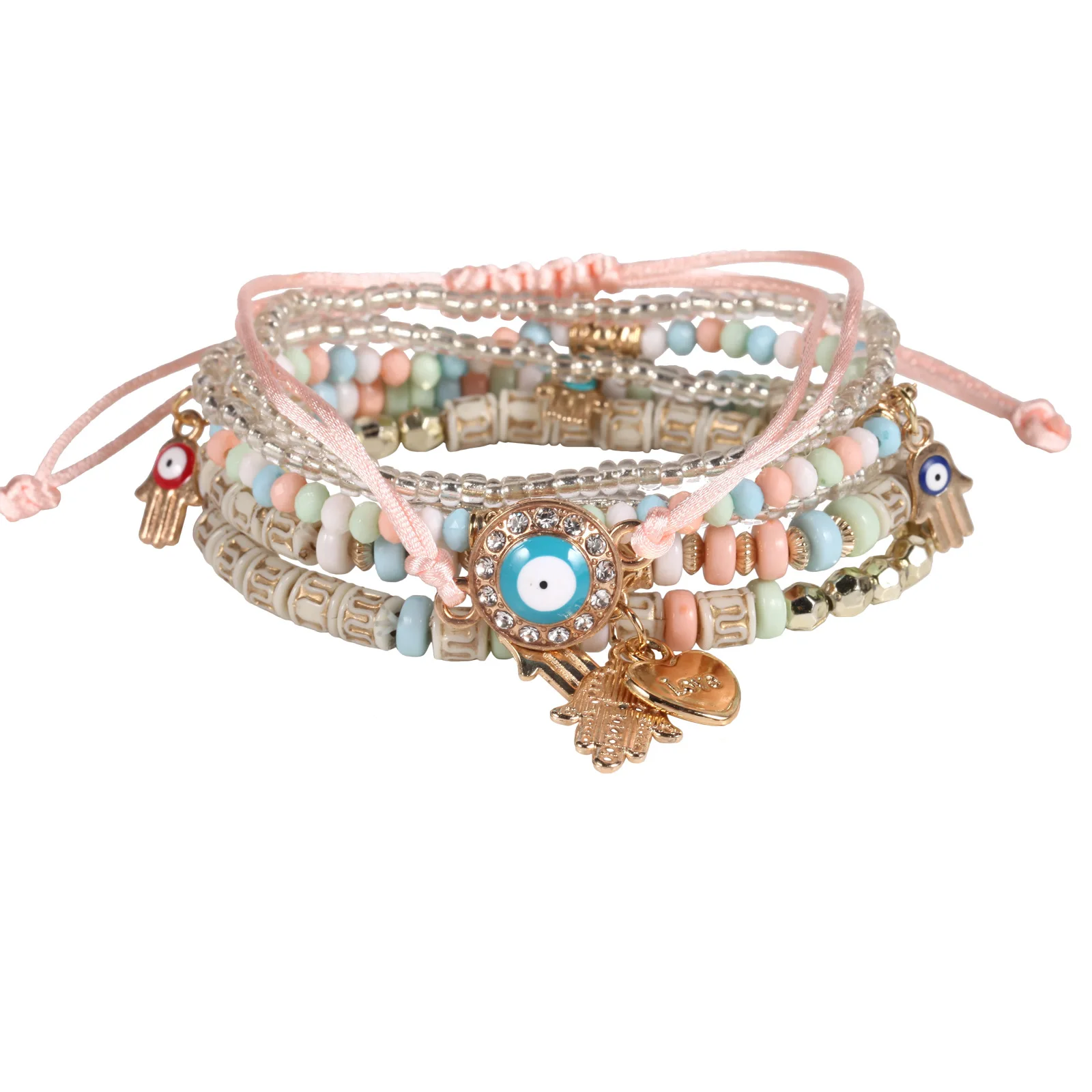Nowy zestaw bransoletek z koralików Evil Eye dla kobiet Bohemia Fatima Hand Charm Beaded Chain Bangle Girls Boho Party Jewelry — zdjęcie 4