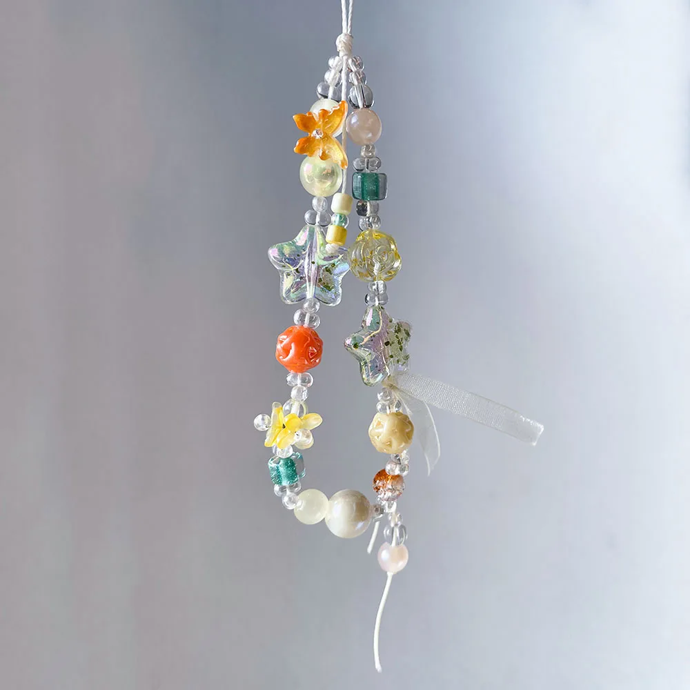 Star Phone Charm Strap Yellow Orange Red Pink Flower Beads Fairycore Lanyard for Schoolbag Camera Decor Women Girl Jewelry Gift