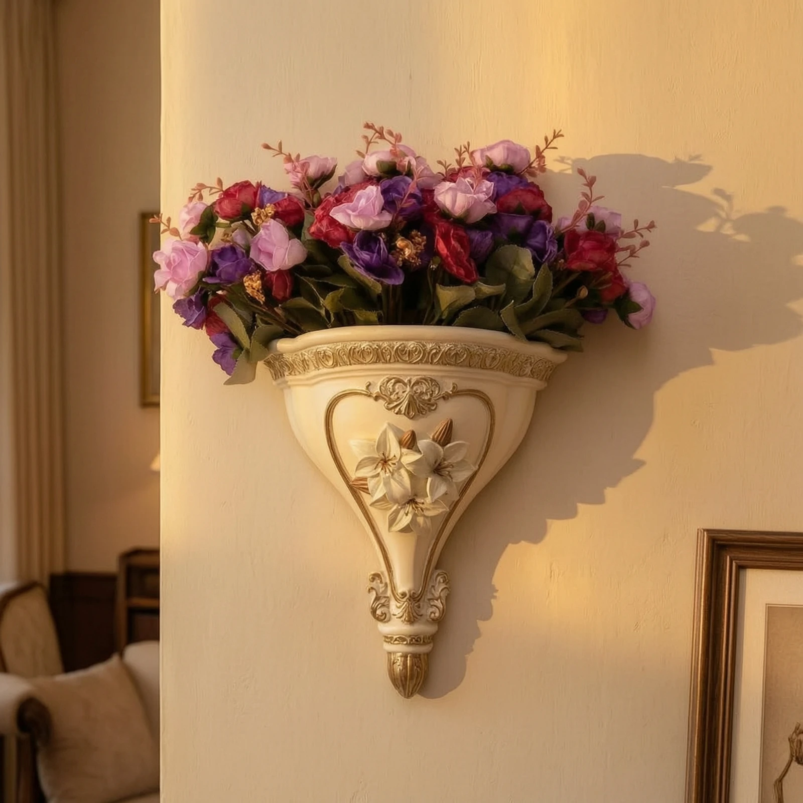 Wall Vase with Floral Relief Sculpted Wall Vase Decor Vintage-Style Elegant for Living Room, Entryway