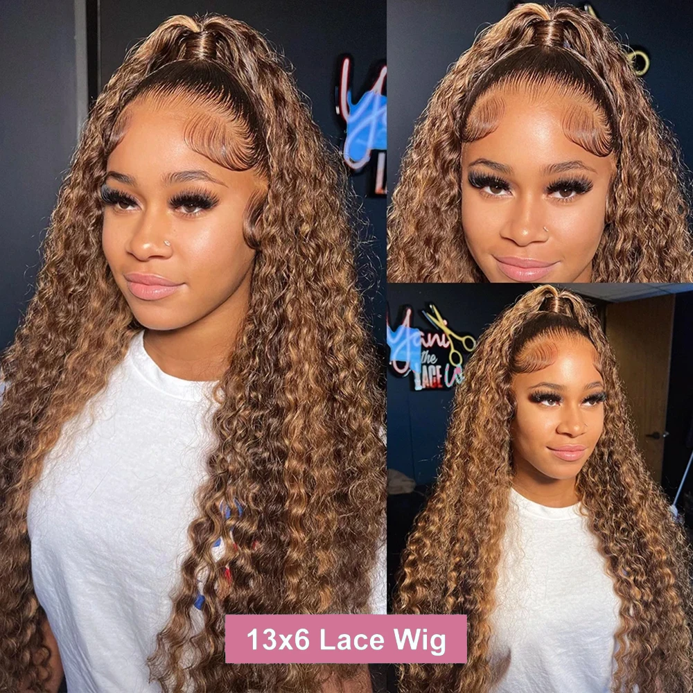 Highlight Deep Wave 13x6 HD Lace Frontal Wig Human Hair 40 42 Inch Honey Blond Curly 13x4 Lace Front Wigs For Women Pre Plucked