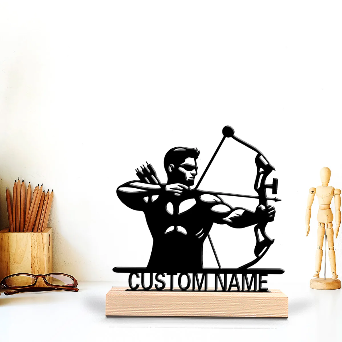 1pc Fashion Custom Name Archery Metal Statue Iron Ornament With Wood Base Iron Statue With Wood Base For Home Desk Decor