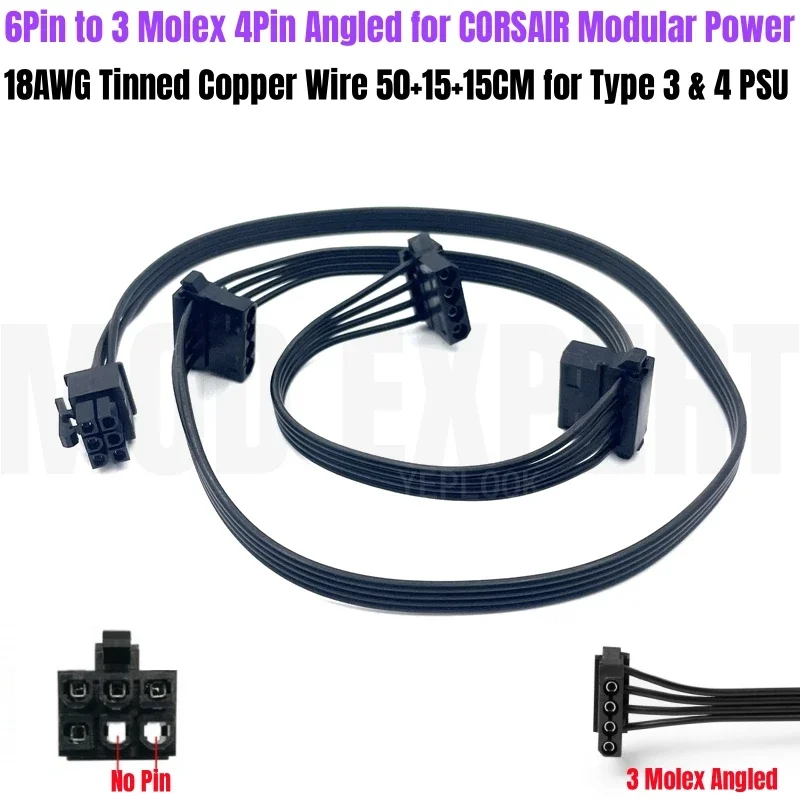 

6Pin to 3 Molex 4Pin Angled, Peripheral PATA IDE Power Cable for Corsair AX760i, AX860i, AX1200i, AX1500i Type 3 Modular Power