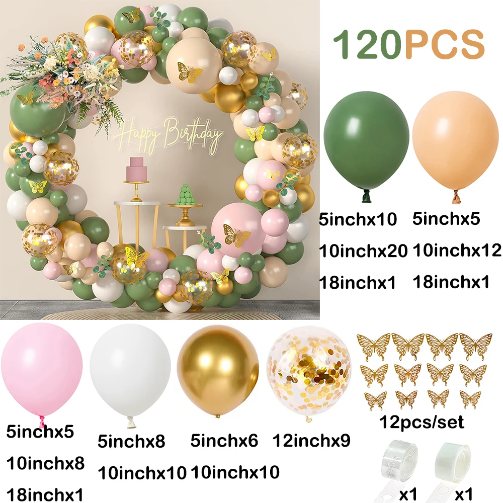 120Pcs Sage Green Pink Balloon Arch Garland Kit Olive Green Blush Balloon Set 3D Butterfly Baby Shower Birthday Party Decoration