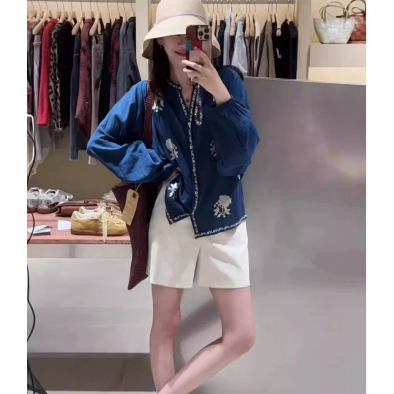 

Французская хлопковая рубашка свободного кроя с объемной вышивкой и рукавами «летучая мышь» для женщин, летняя, легкая, с круглым вырезом