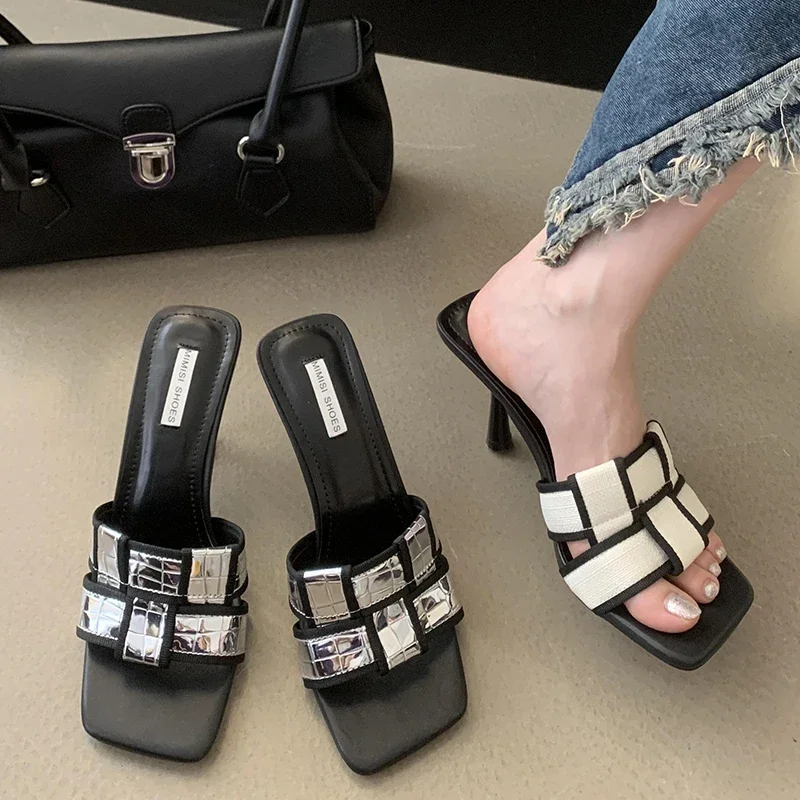 Fashion Weave Pumps Elegant Women Heeled Shoes New In 2023 Outdoor Shallow Ladies High Heels Sandals Slides Female Footwear