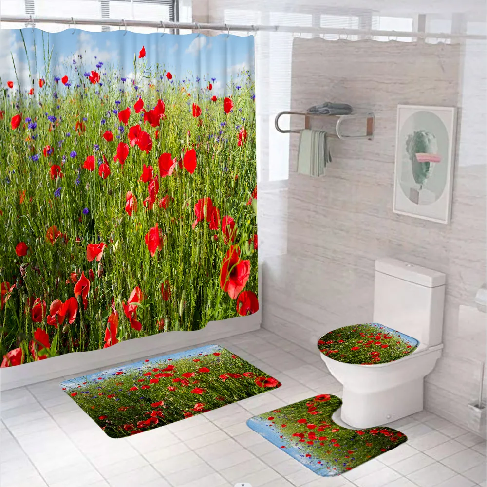 

Red Poppy Flower Shower Curtain Set Countryside Field Scenery Outdoors Bathroom Curtains Non-Slip Bath Mat Rug Lid Toilet Cover