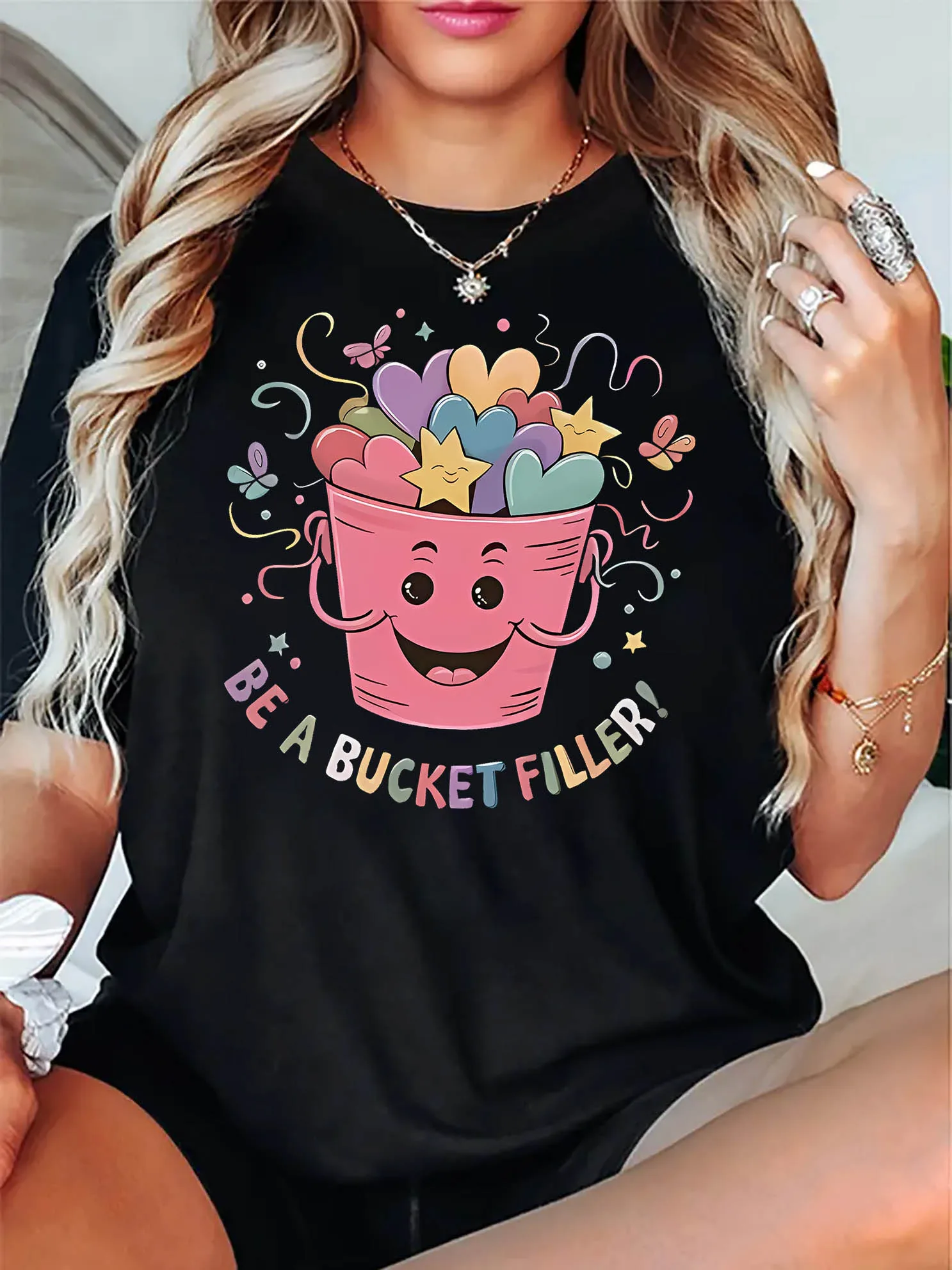 

Bucket Full of Love Graphic Printing Summer Autumn Winter Pure Cotton Men's and Women's T-shirts Short Sleeves Luxury Outdoor