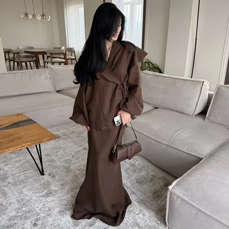 

Модный комплект из струей и юбки на шнуровке, женская юбка f-длины, ансамбль с поясом, длинный свеч, хлопковая летняя одежда с v-образным вырезом