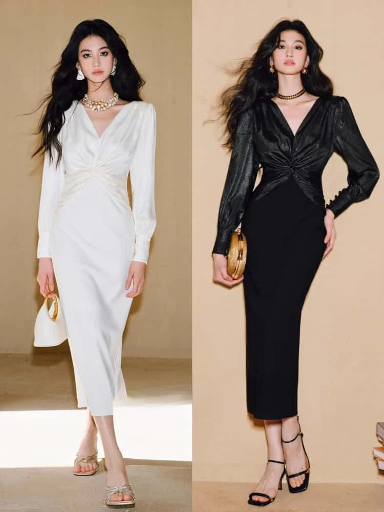 Nowa moda damska 2025: Sukienka vintage z satyny w kolorze białym, dekolt w serek, długi rękaw, wyszczuplająca, plisowana, elegancka sukienka letnia na przyjęcie.